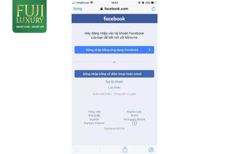 Hoặc tiến hành đăng nhập ứng dụng Mihome bằng tài khoản facebook cá nhân