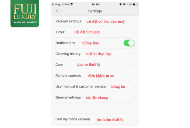 Cài đặt nhiều tính năng được tích hợp sẵn trên ứng dụng để điều khiển hoạt động của robot hút bụi